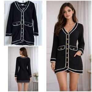 NWT VICI Collection Classic Coco Tweed Boulce Pocketed Black Sweater Dress Small